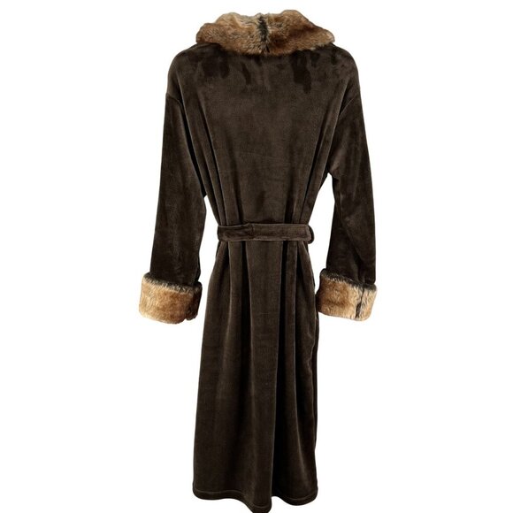Adrienne Landau Womens L Faux Fox Fur Trim Robe Belted Cozy Plush Quiet Luxury - Picture 2 of 13